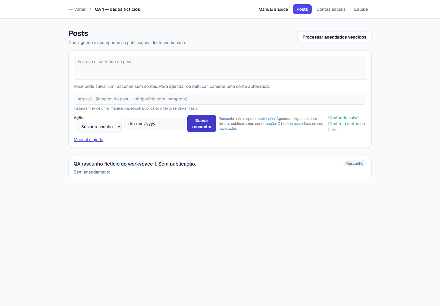 Editor FoxCMS com um rascunho salvo no workspace de teste